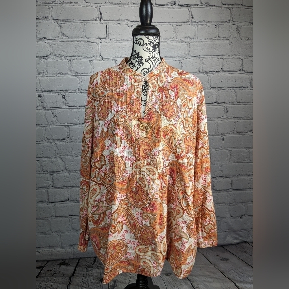 Charter Club Women's Long Sleeve paisley Print keyhole front Size 24w Top BBIN